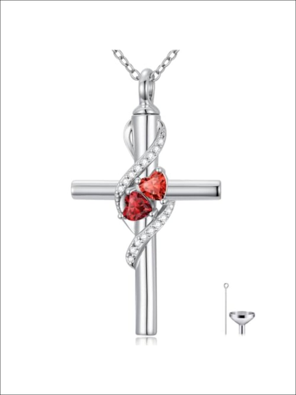 18k White Gold Plated Cross Urn Necklace with Birthstones for Ashes